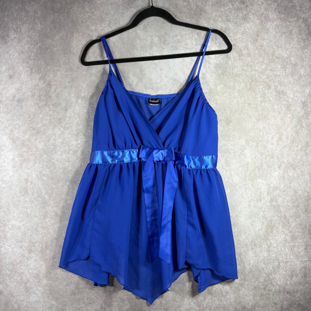 Frederick's of Hollywood Lingerie Women 1X Blue Babydoll Sheer Satin‎ Bow Sexy